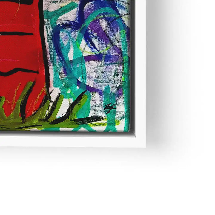 Buntes abstraktes Wandbild mit kräftigen Farben, grün, blau, lila und rot, im weißen Rahmen