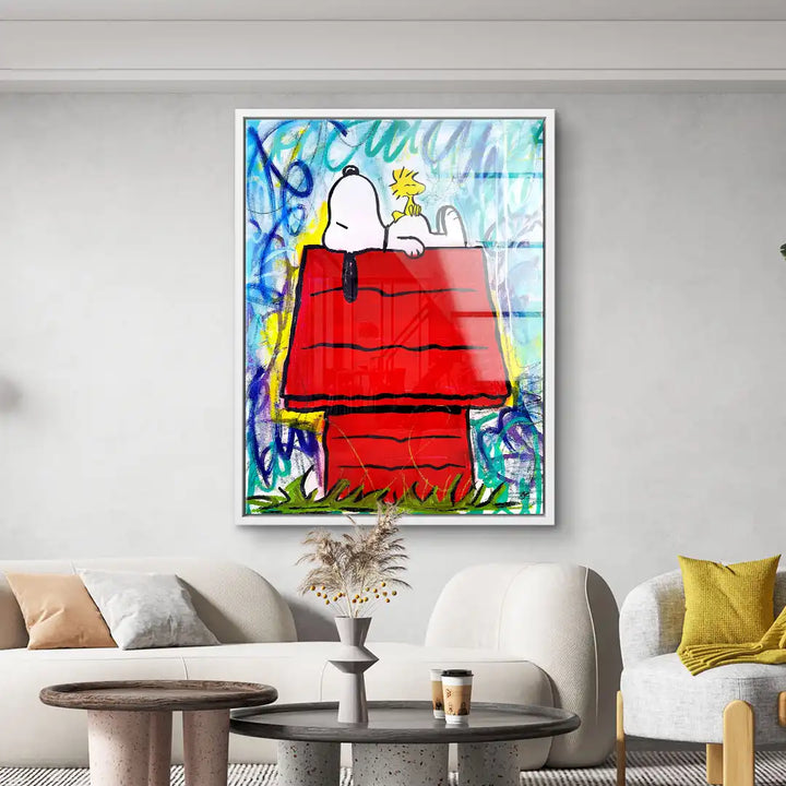 Modernes Wandbild mit bunter Comic-Kunst, Snoopy auf rotem Haus, Wohnzimmer-Deko