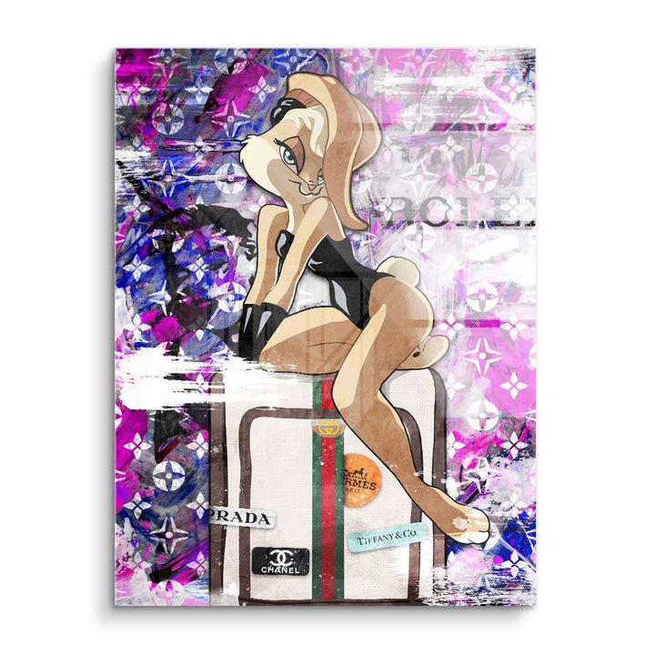 Pop Art Wandbild mit Cartoon-Häsin auf Luxus-Koffer, bunte Acrylmalerei, Fashion-Motiv