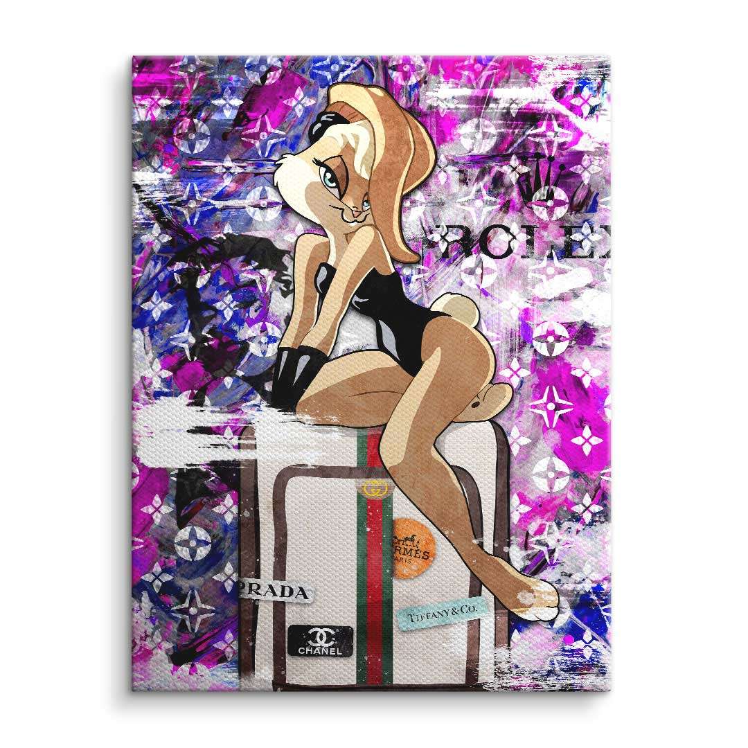 Pop Art Leinwand mit stilisierter Comic-Figur, Modekoffer und buntem Hintergrund