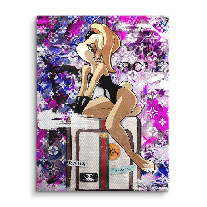 Pop Art Leinwand mit stilisierter Comic-Figur, Modekoffer und buntem Hintergrund