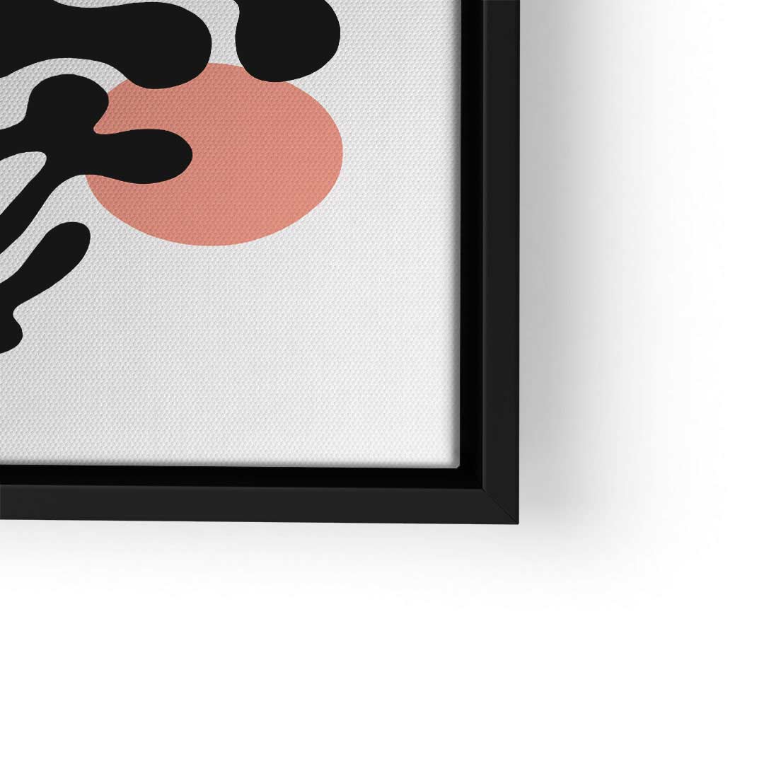 Modernes Wandbild mit abstrakten schwarzen Formen und rotem Kreis auf weißer Leinwand