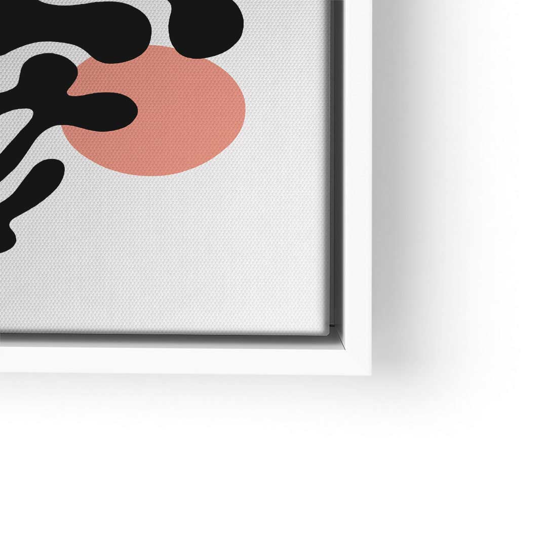 Modernes Wandbild mit abstrakten schwarzen Formen und rotem Kreis auf weißem Hintergrund