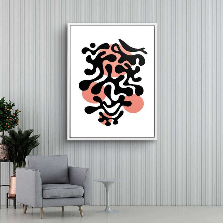 Abstraktes Wandbild mit schwarzen, geschwungenen Linien und rosa Akzenten im modernen Wohnzimmer