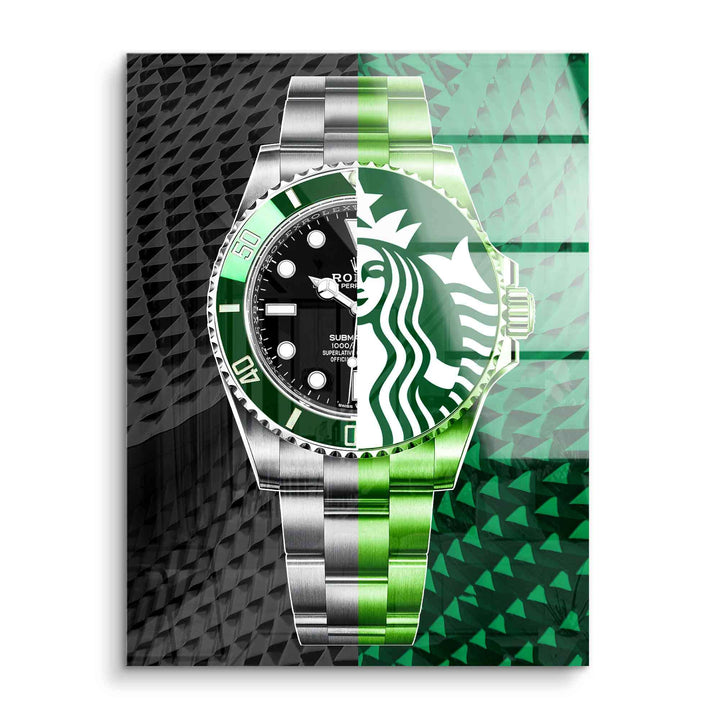 Modernes Wandbild mit grüner Armbanduhr und stilisiertem Gesicht auf Acrylglas