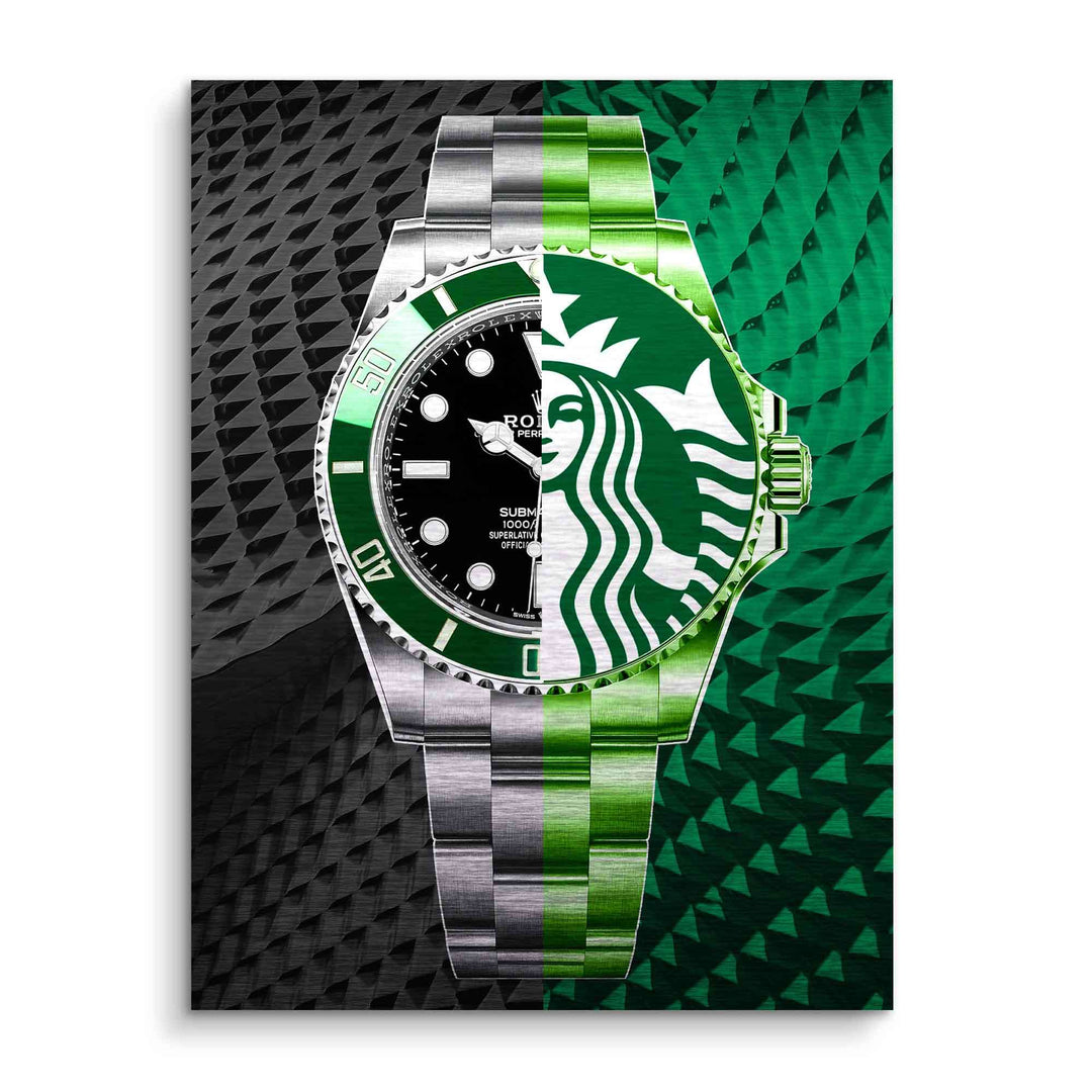 Modernes Wandbild mit halbierter Luxusuhr und grünem Logo-Motiv auf strukturiertem Hintergrund