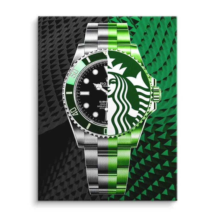 Modernes Wandbild mit halb Uhr, halb grün-weißem Gesicht auf abstraktem Hintergrund