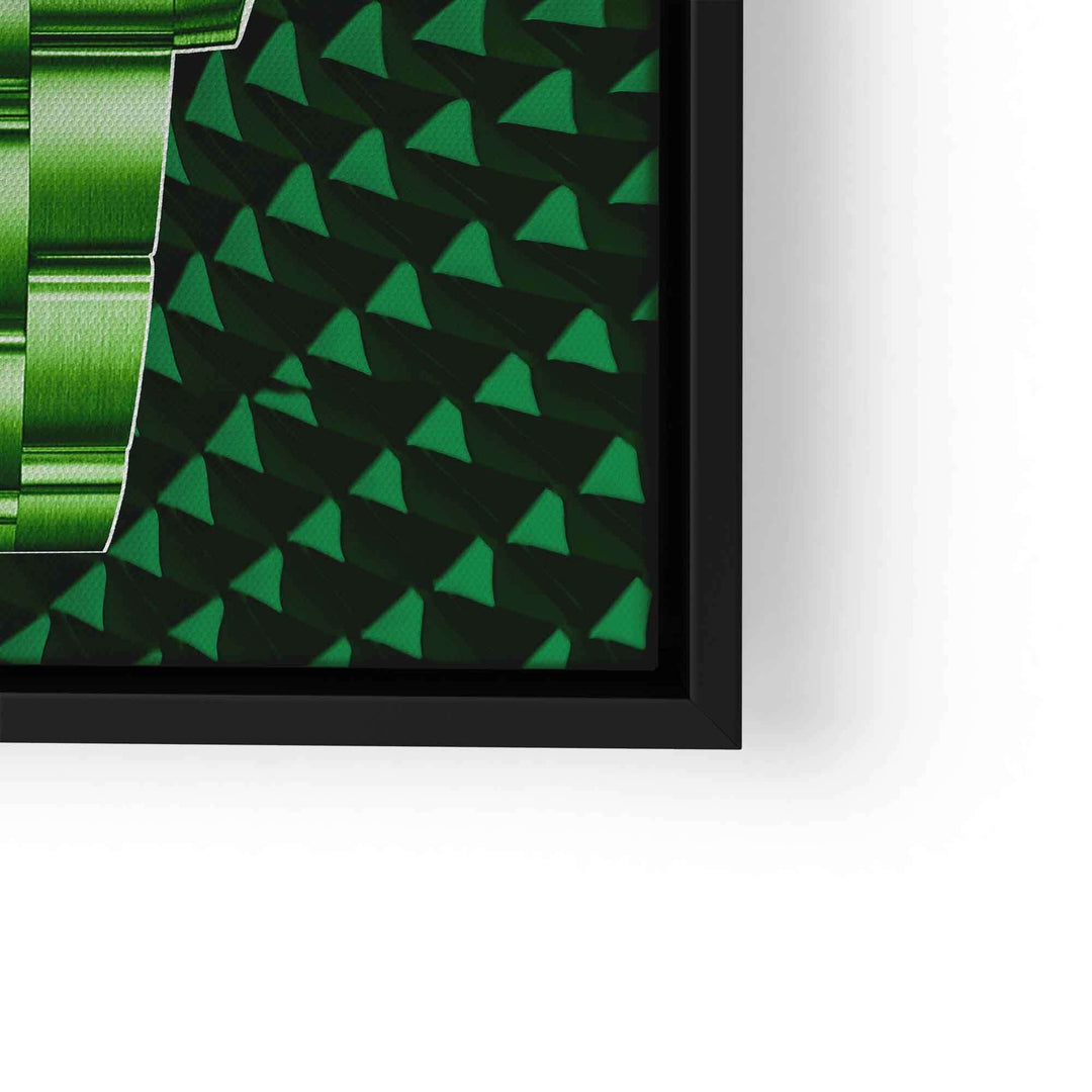 Modernes Wandbild mit grünem Uhrarmband und geometrischem Muster im schwarzen Rahmen