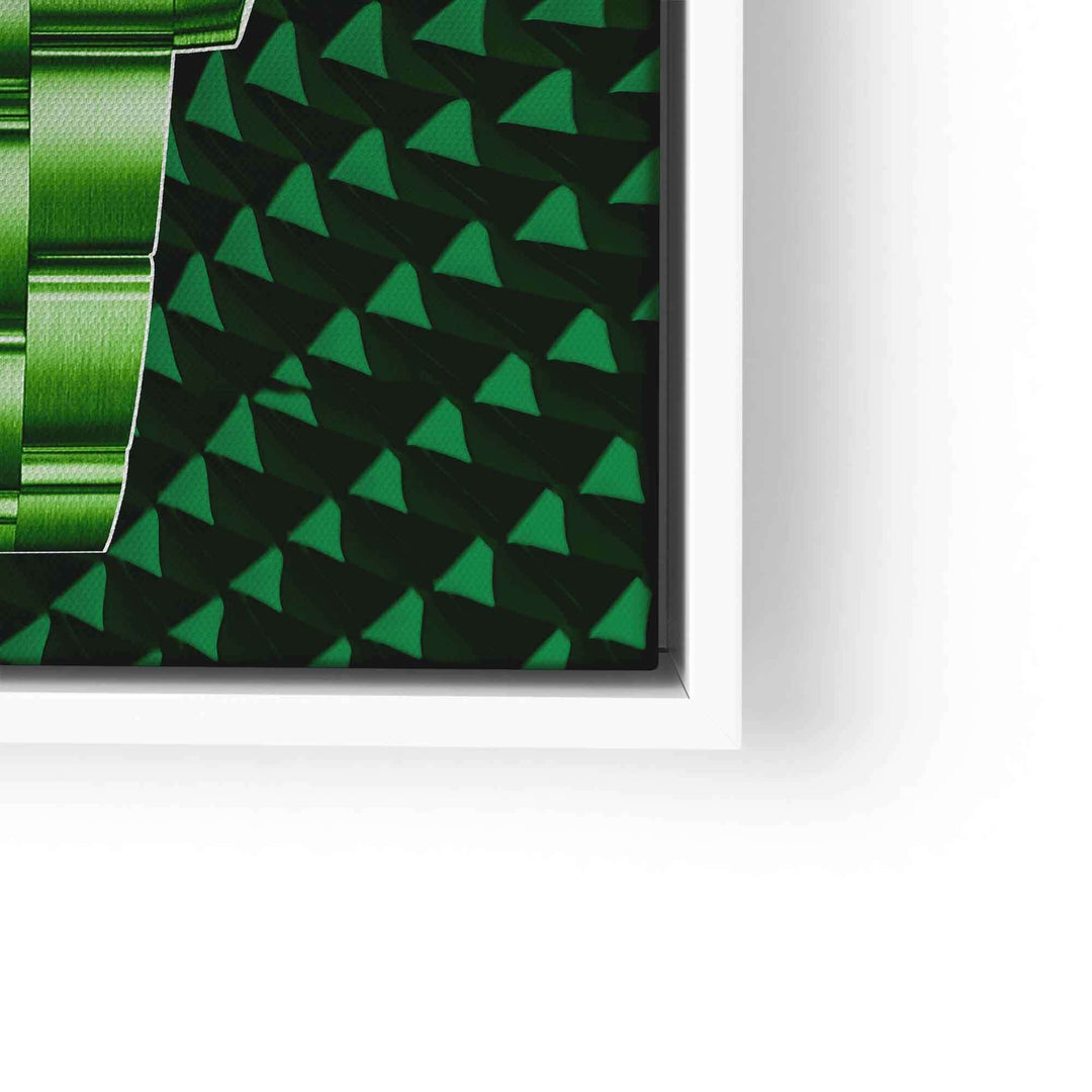 Modernes Wandbild mit grünem Uhrenarmband und abstraktem Dreiecksmuster, Close-up