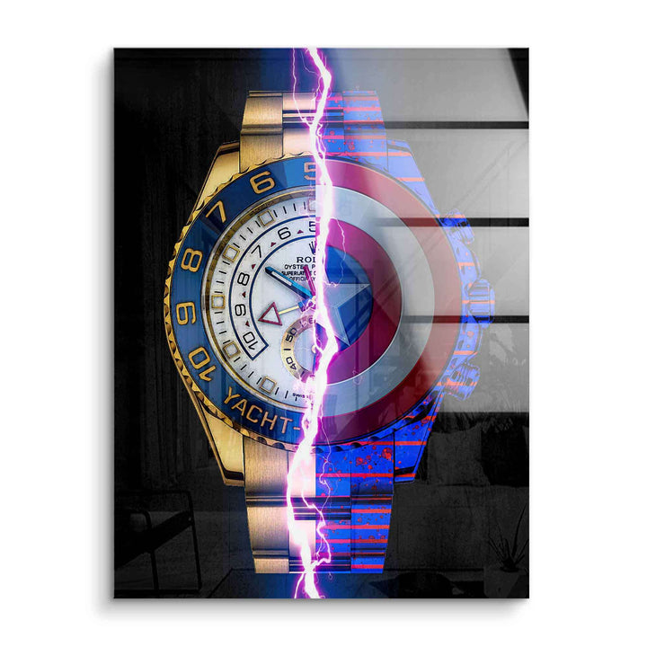 Modernes Acryl Wandbild mit Luxus Uhr und Superhelden-Symbol, geteilt von Blitzeffekt