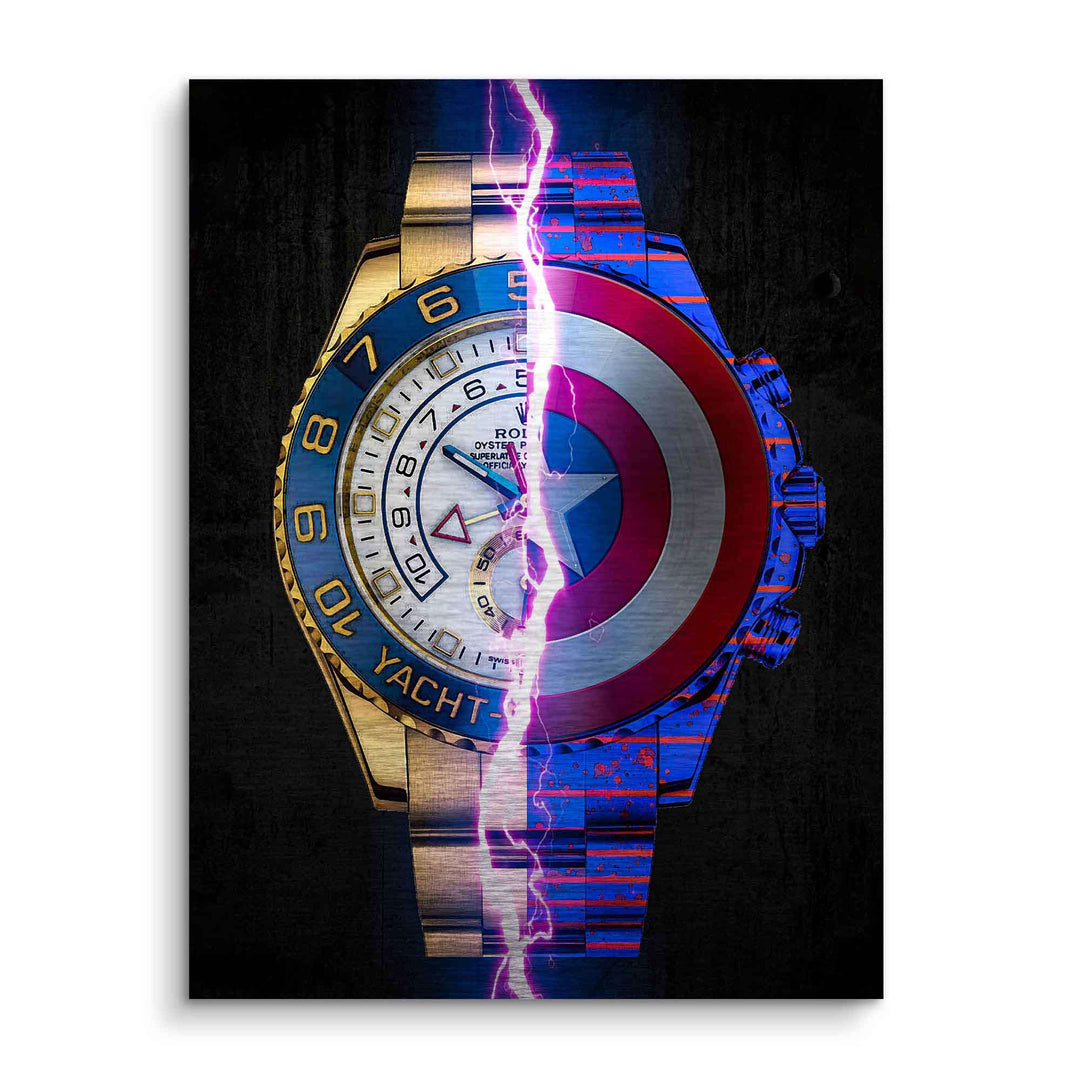 Modernes Wandbild mit geteiltem Uhrendesign, links edle Luxusuhr, rechts Captain America Schild, Pop Art Stil