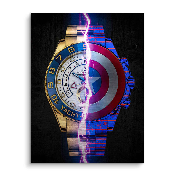 Modernes Wandbild mit geteiltem Uhrendesign, links edle Luxusuhr, rechts Captain America Schild, Pop Art Stil