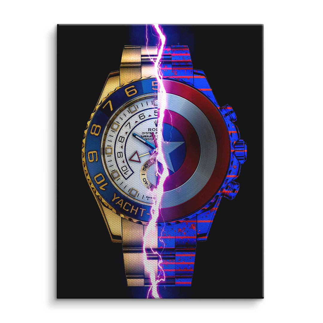Wandbild mit Rolex-Uhr und Avengers-Motiv, geteilt von lila Blitz, Pop Art Design