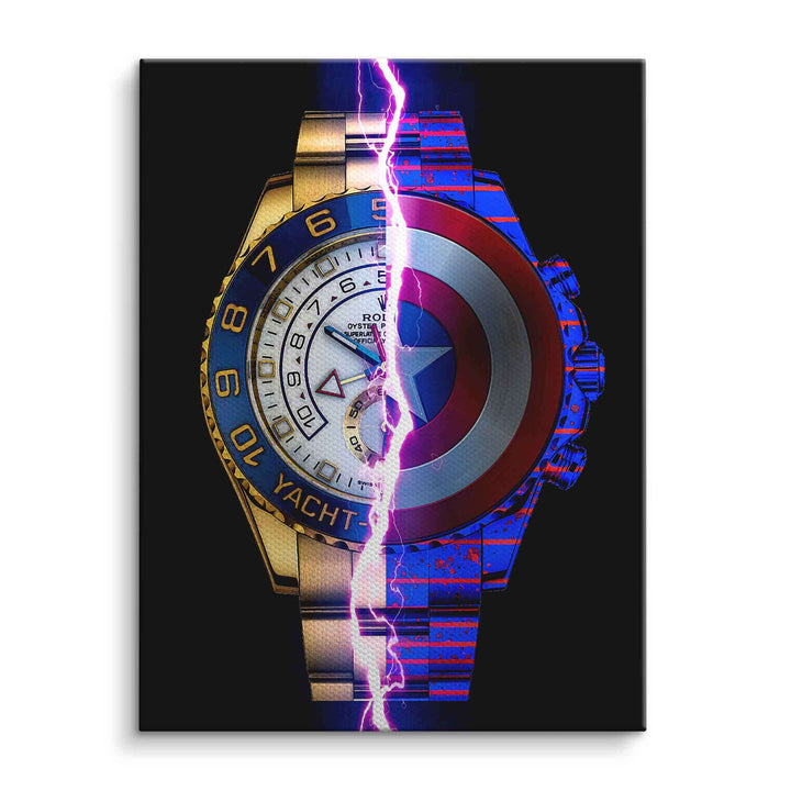 Wandbild mit Rolex-Uhr und Avengers-Motiv, geteilt von lila Blitz, Pop Art Design