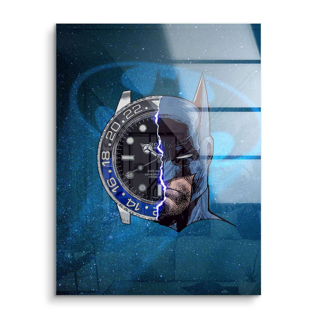 Modernes Wandbild mit halb Uhr und halb Batman-Gesicht vor blauem Hintergrund