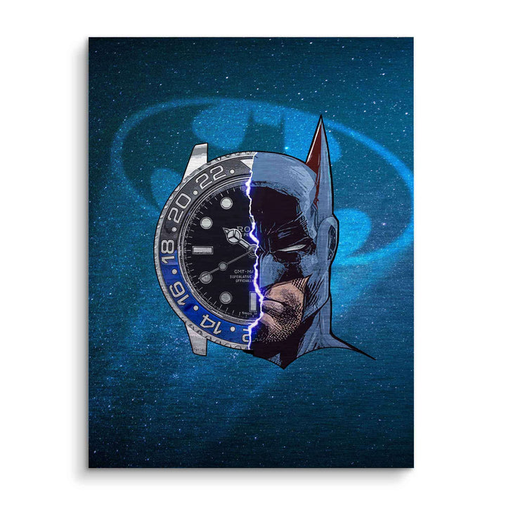 Modernes Wandbild mit halber Luxusuhr und halbem Batman-Gesicht vor blauem Sternenhintergrund
