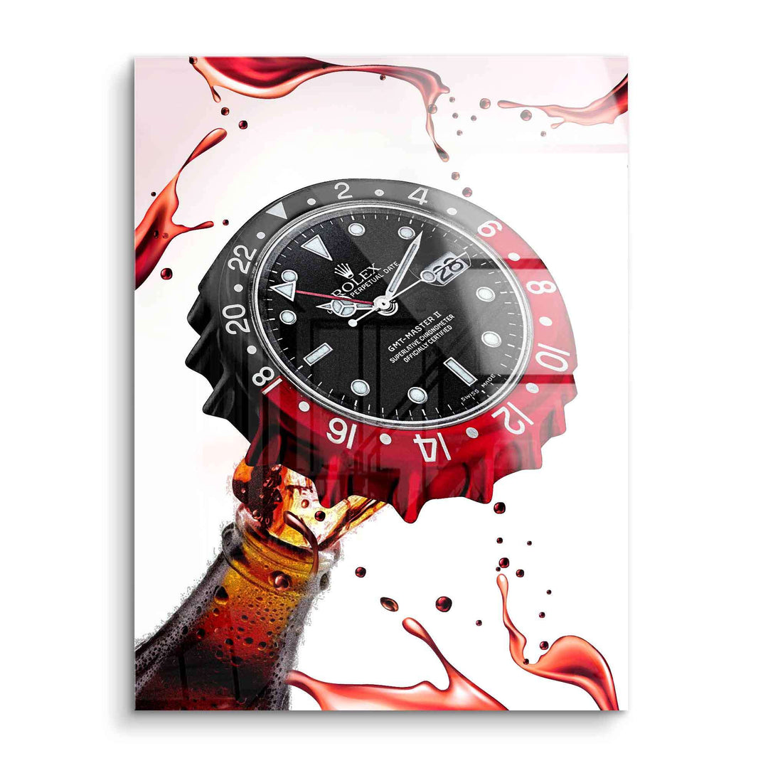 Modernes Wandbild mit einer Uhr im Stil eines Kronkorkens, Cola-Spritzer, Pop Art Design