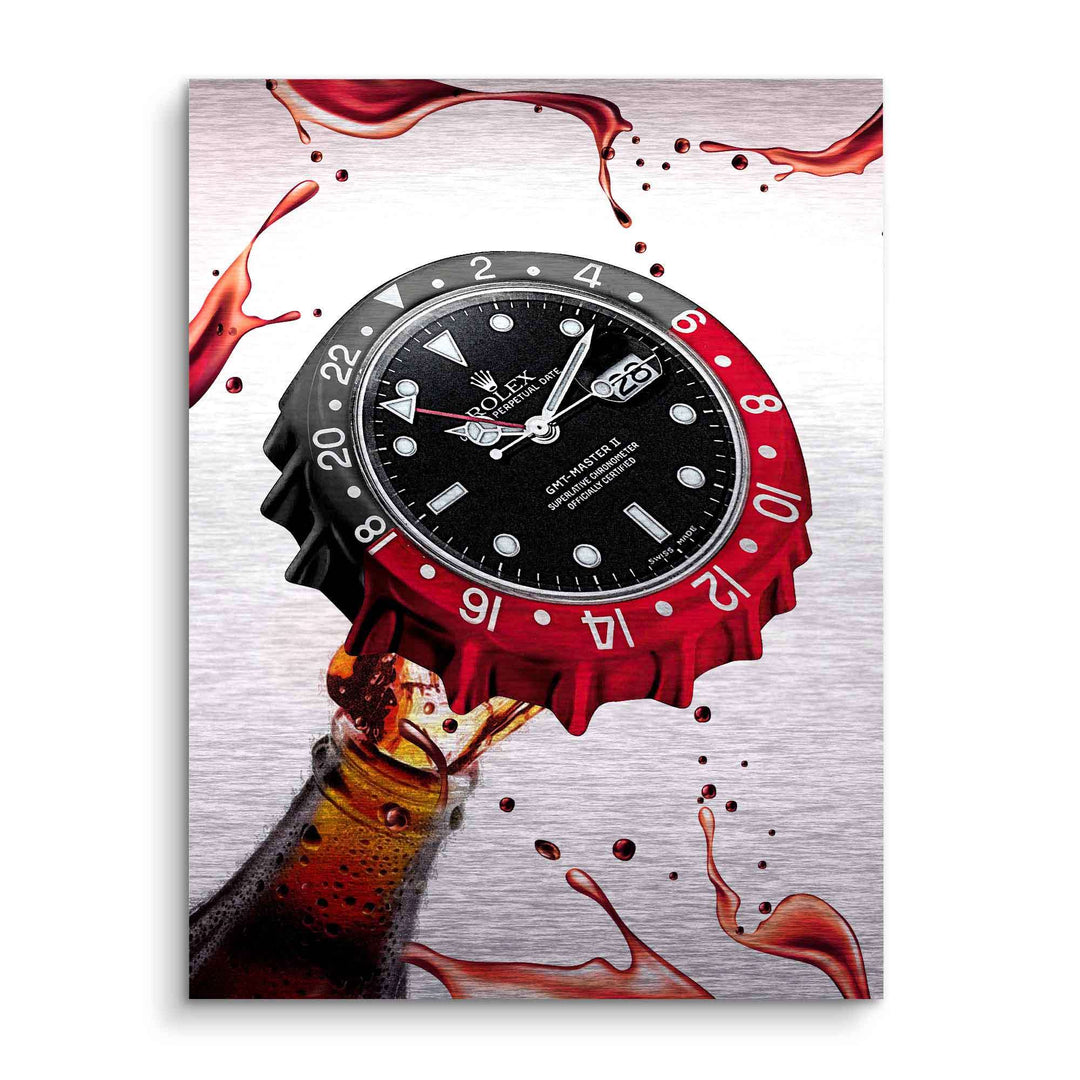 Modernes Wandbild mit Uhr im Kronkorken-Design und spritzender Colaflasche, Pop Art Stil
