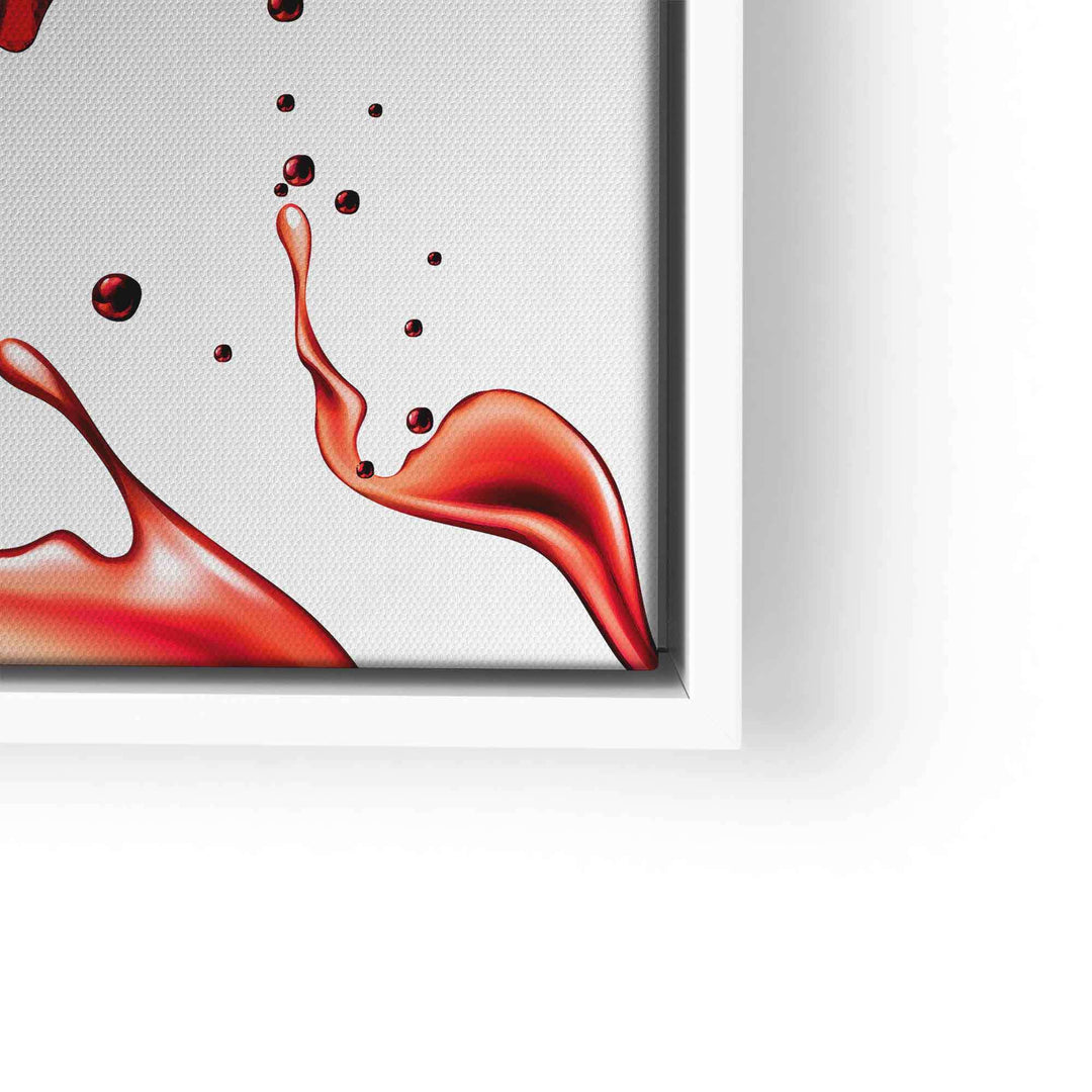Modernes Wandbild mit roter Splash-Optik, Nahaufnahme auf weißem Hintergrund im Rahmen