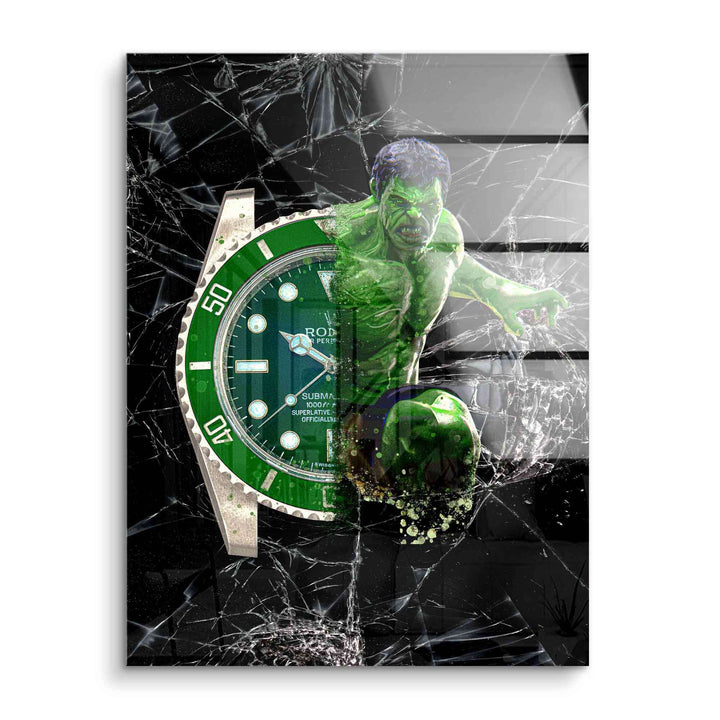 Modernes Wandbild mit grüner Uhr und Comic-Held vor zerbrochenem Glas, Pop Art Stil