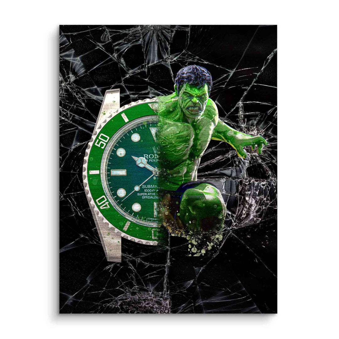 Modernes Wandbild mit grüner Uhr und Comic-Held Hulk vor zerbrochenem Glas Hintergrund