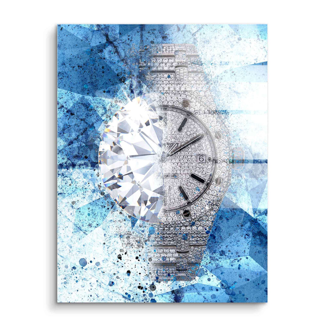 Modernes Wandbild mit luxuriöser Eisuhr und großem Diamant auf blauem Hintergrund