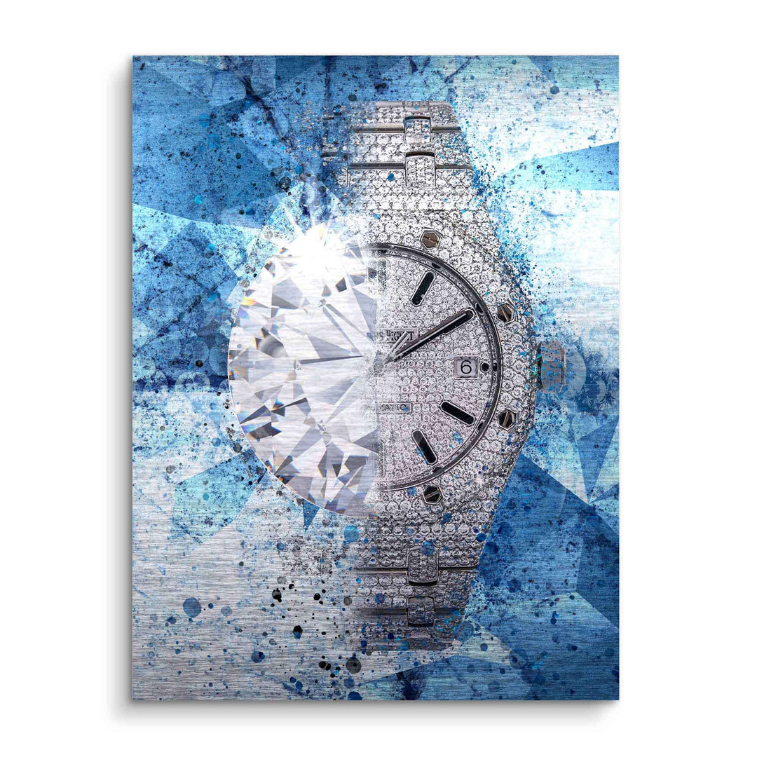 Modernes Wandbild mit funkelnder Luxusuhr, Diamant und blauem abstraktem Hintergrund.