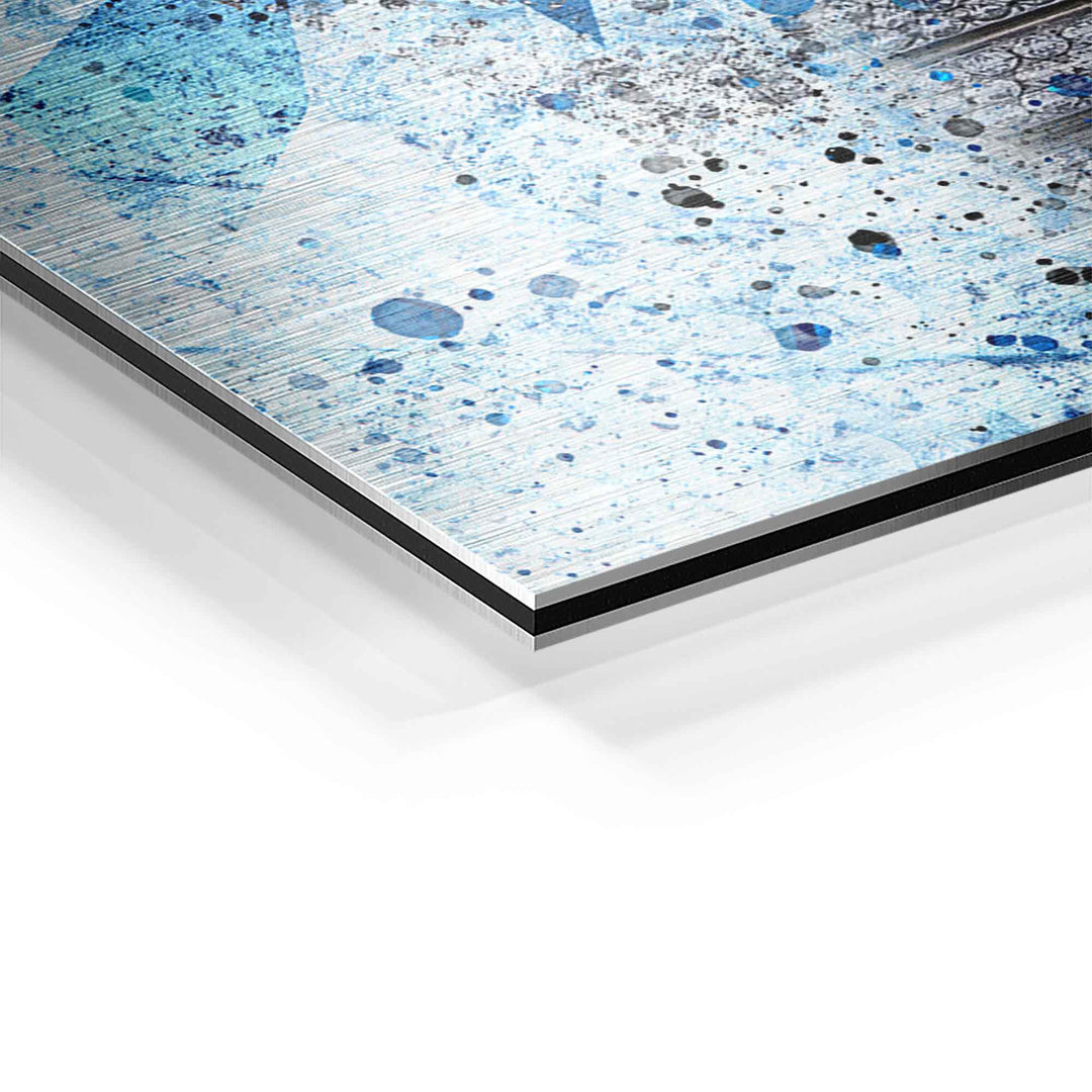Detailaufnahme Wandbild auf Aluminium, blaue Farbspritzer, moderne Kunst