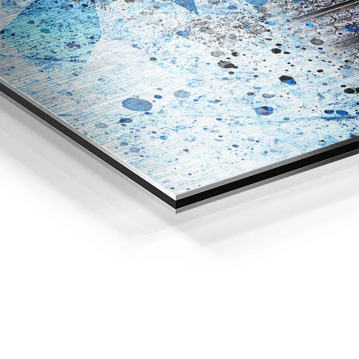 Detailaufnahme Wandbild auf Aluminium, blaue Farbspritzer, moderne Kunst