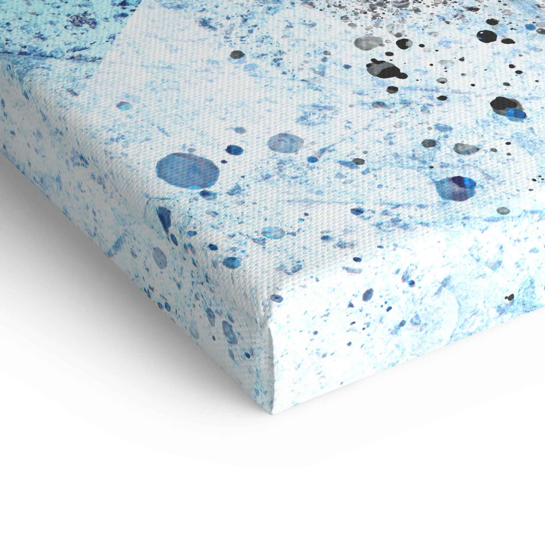 Leinwandbild mit blau-weißen Farbspritzern in abstraktem Design, Detailansicht