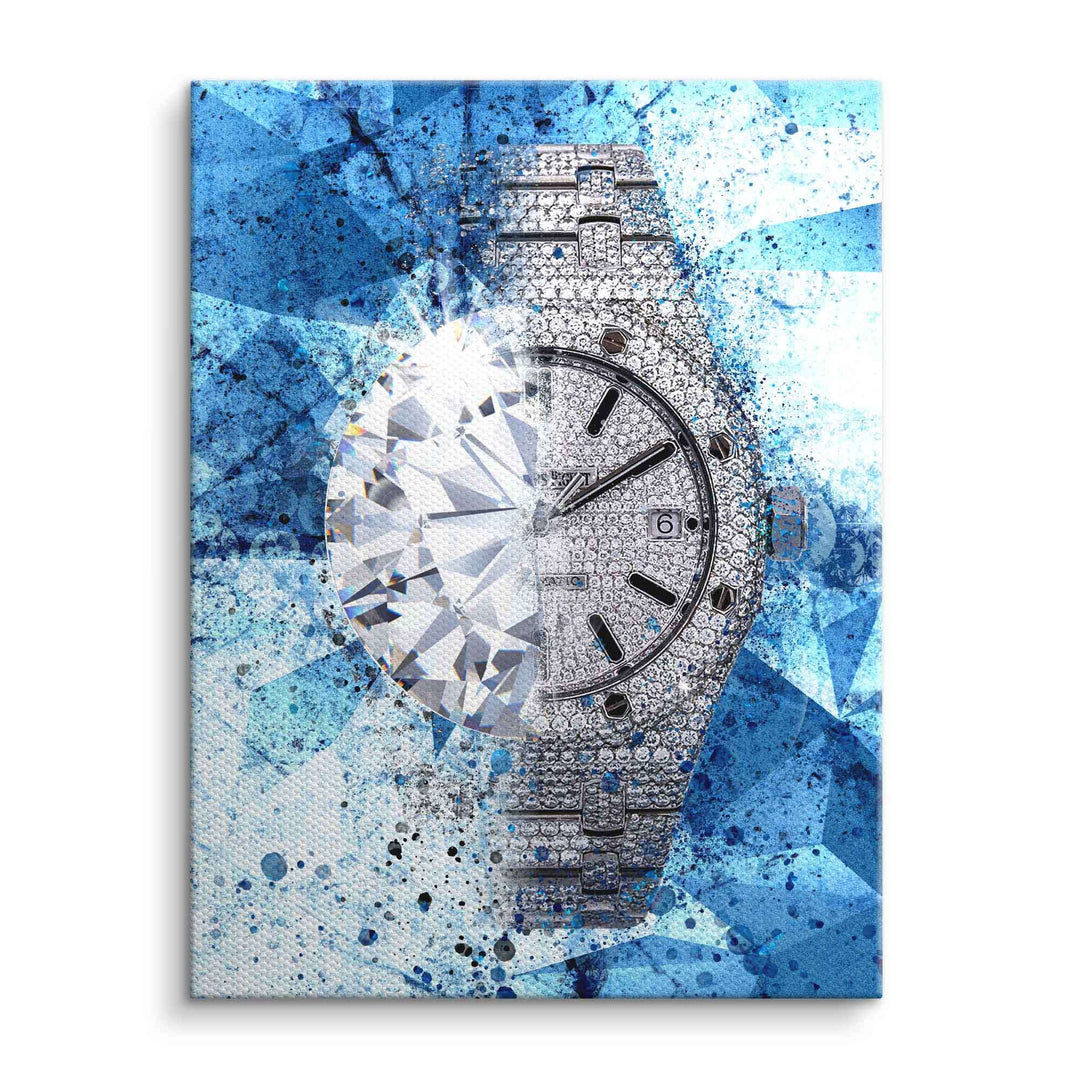 Modernes Wandbild mit funkelnder Luxusuhr und Diamant auf blauem, abstraktem Hintergrund