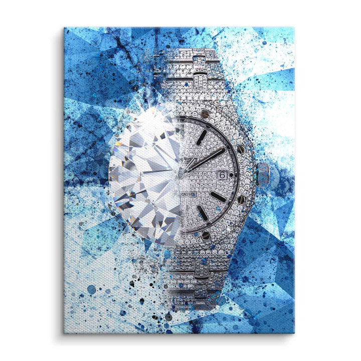 Modernes Wandbild mit funkelnder Luxusuhr und Diamant auf blauem, abstraktem Hintergrund