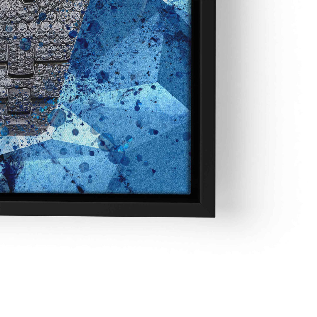 Modernes Wandbild mit funkelnder Luxusuhr auf blauem Hintergrund, Teilansicht im schwarzen Rahmen