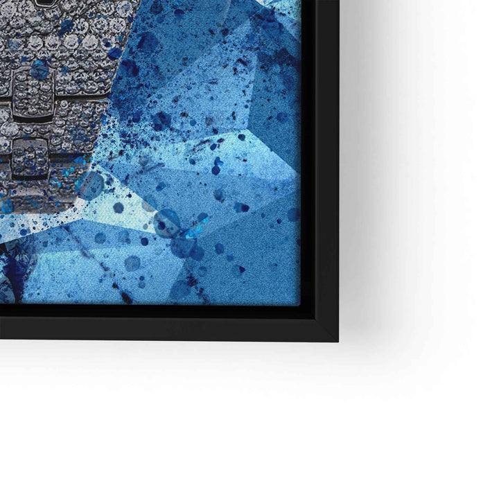 Modernes Wandbild mit funkelnder Luxusuhr auf blauem Hintergrund, Teilansicht im schwarzen Rahmen