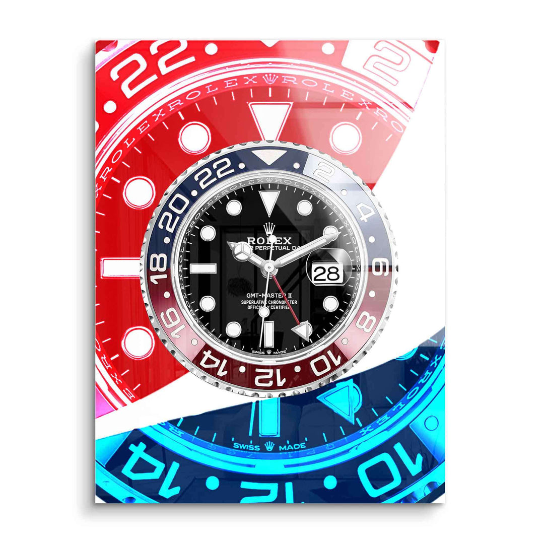 Modernes Wandbild mit stilisierter Uhr in Rot, Blau und Schwarz, Acryl Optik, Pop Art Design