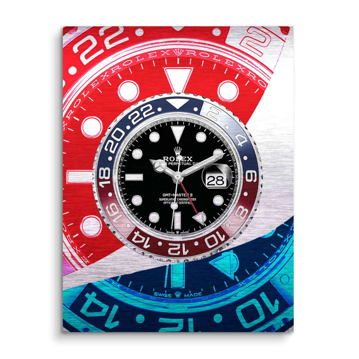 Modernes Wandbild mit stilisiertem Zifferblatt einer Luxusuhr in Rot, Blau und Silber.