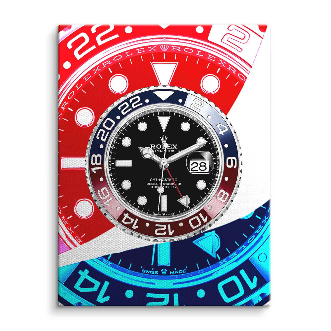Modernes Wandbild mit bunter Nahaufnahme eines Luxus-Uhr-Zifferblatts in Rot und Blau.