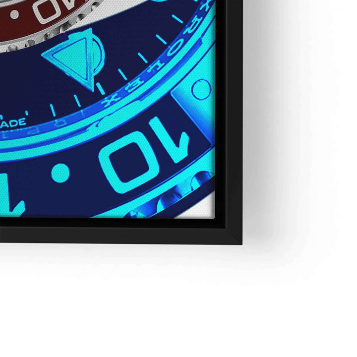 Modernes Wandbild mit Nahaufnahme einer stilisierten Uhr in Blau- und Rottönen, gerahmt.