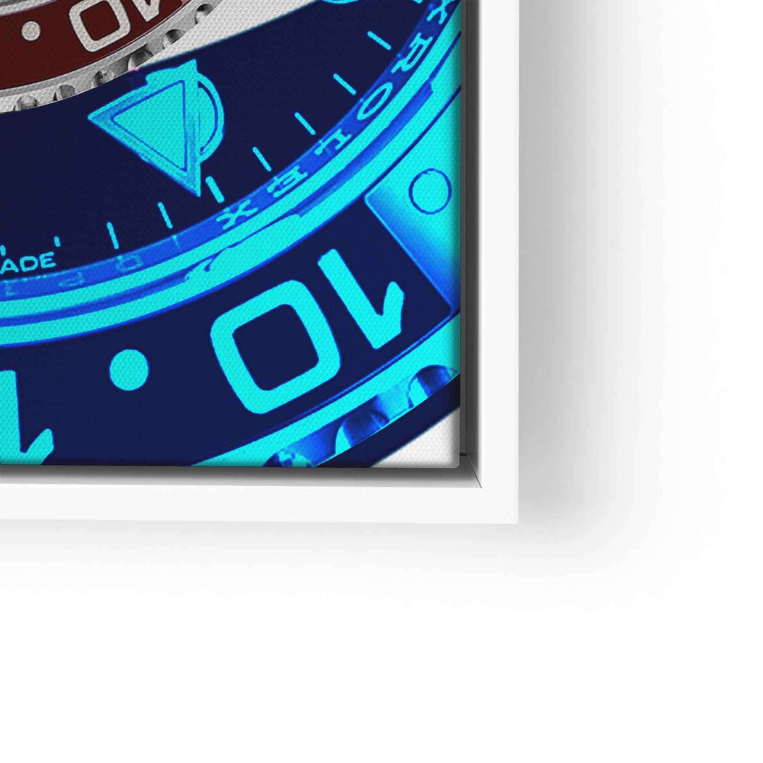 Modernes Wandbild mit Detail einer blau-roten Uhr im Nahaufnahme-Stil, Pop-Art Design