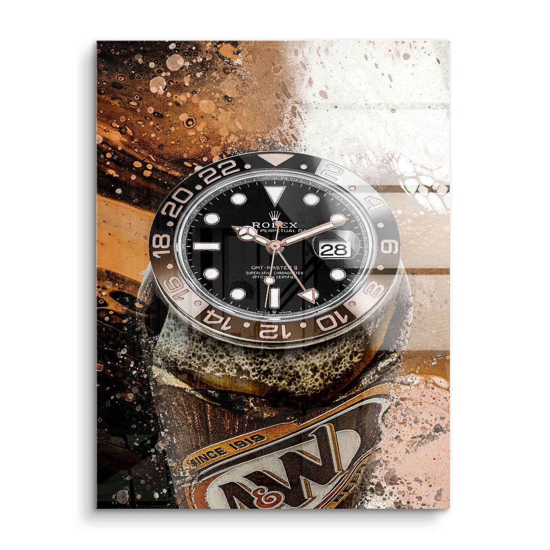 Modernes Wandbild mit braun-schwarzer Luxusuhr und A&W Root Beer Flasche, Acrylglas-Optik