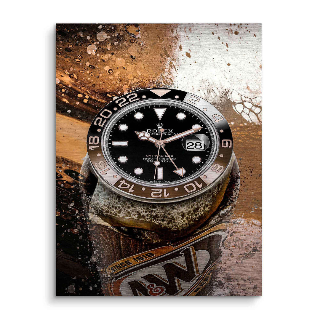 Modernes Wandbild zeigt eine Rolex-Uhr im Root Beer Design auf metallisch-braunem Hintergrund