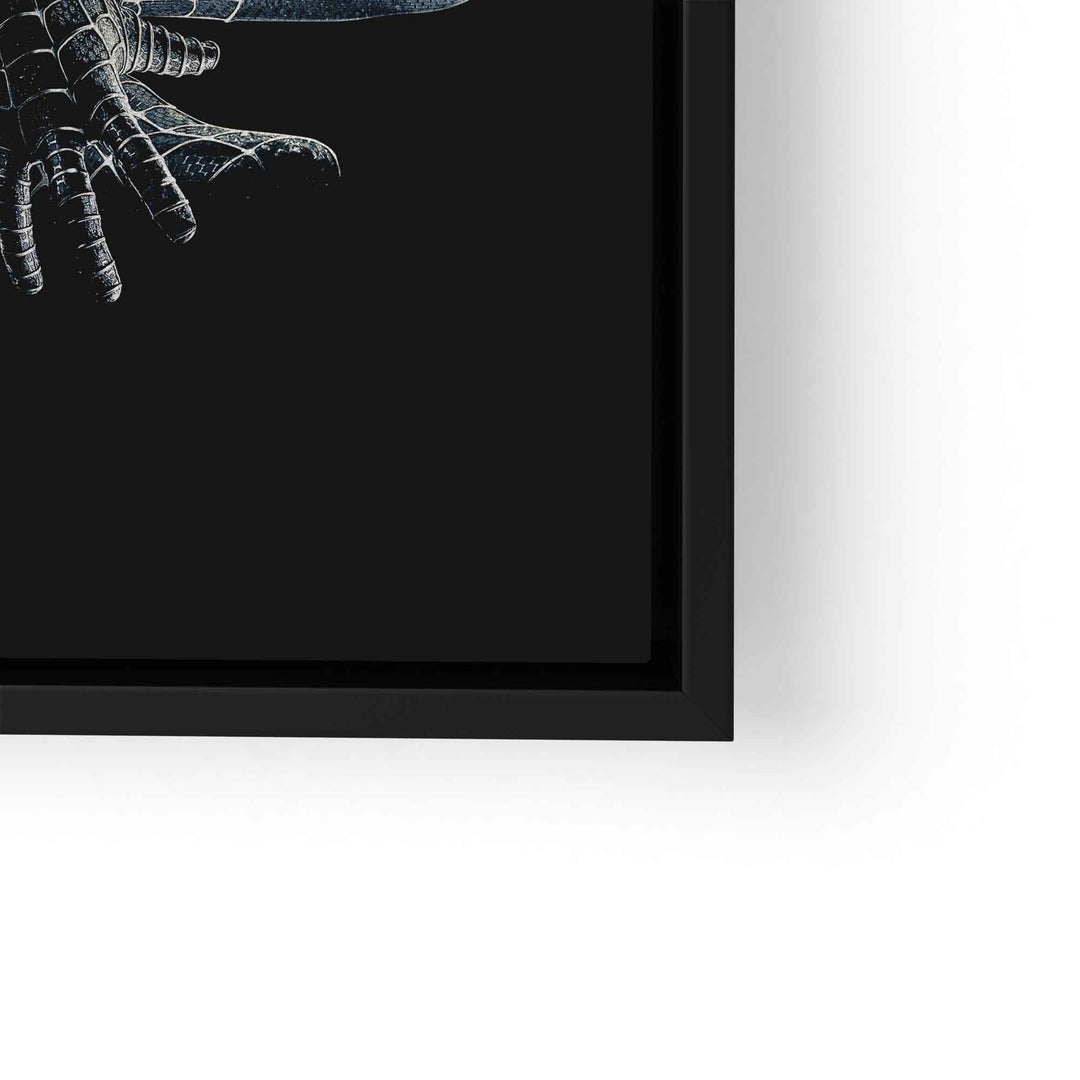 Detailansicht Wandbild mit Comic-Hand auf schwarzem Hintergrund, moderner Rahmen