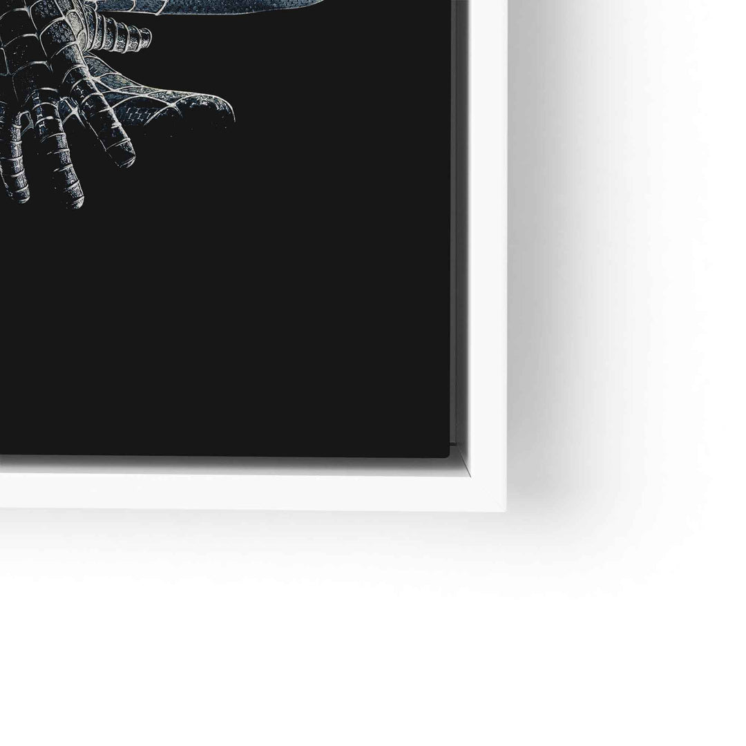Modernes Wandbild mit Spiderman-Motiv auf schwarzem Hintergrund im weißen Rahmen