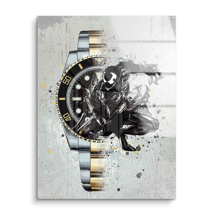 Modernes Wandbild mit Comic-Figur vor Luxusuhr auf Acryl, Pop Art Stil, grau-gold
