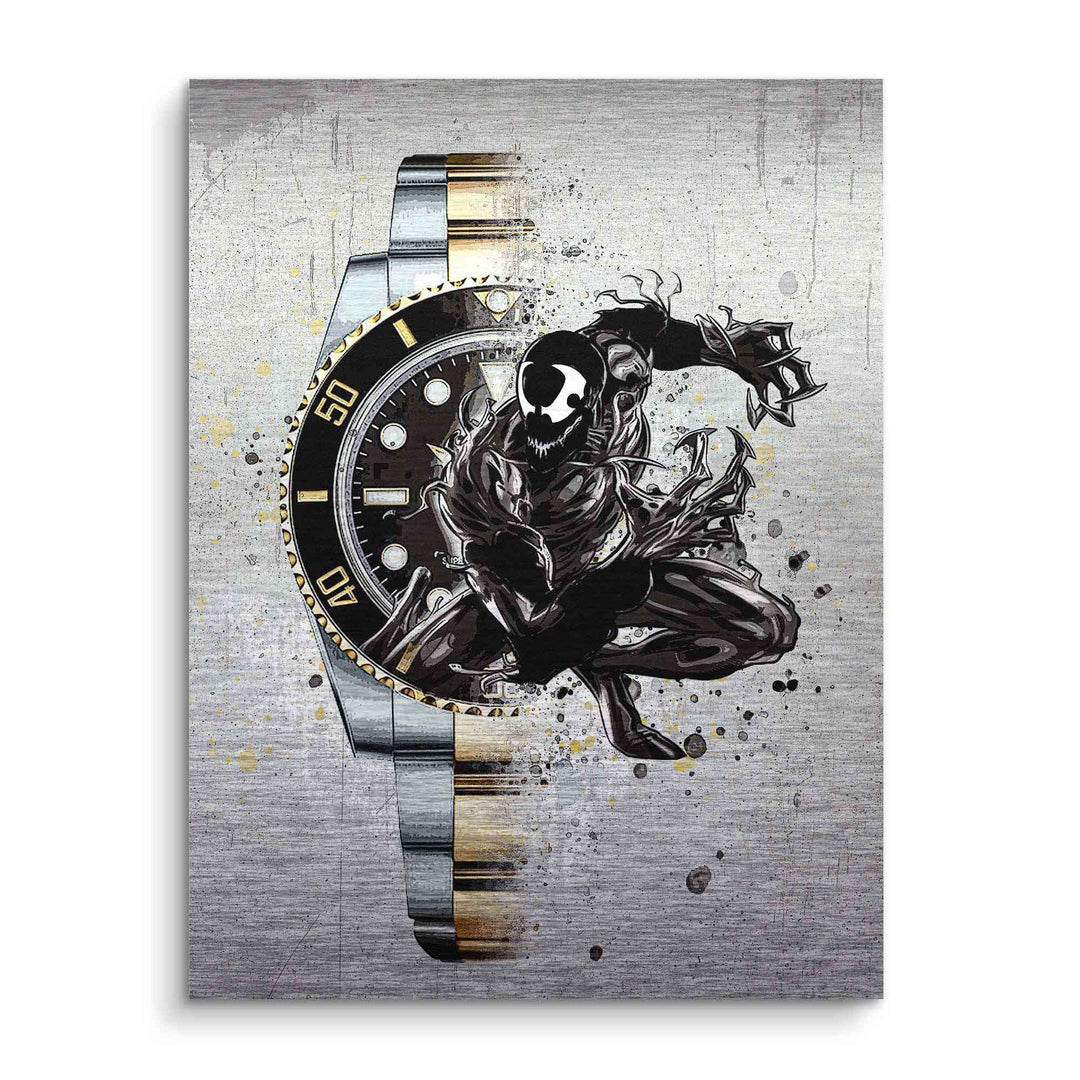 Modernes Wandbild mit Comic-Figur vor Luxus-Armbanduhr auf gebürstetem Metall-Look