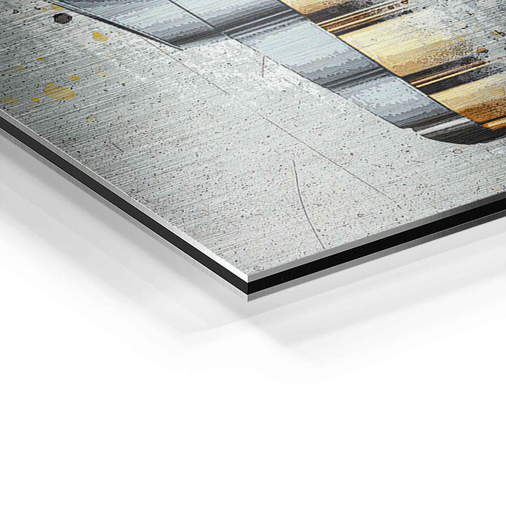 Detailansicht Wandbild mit gebürstetem Aluminium, Motiv Uhr und modernen Farbeffekten