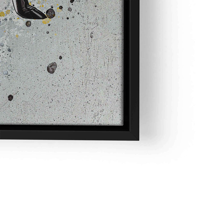 Detailansicht moderner Wandkunst mit abstraktem Sprenkelmuster und schwarzem Rahmen