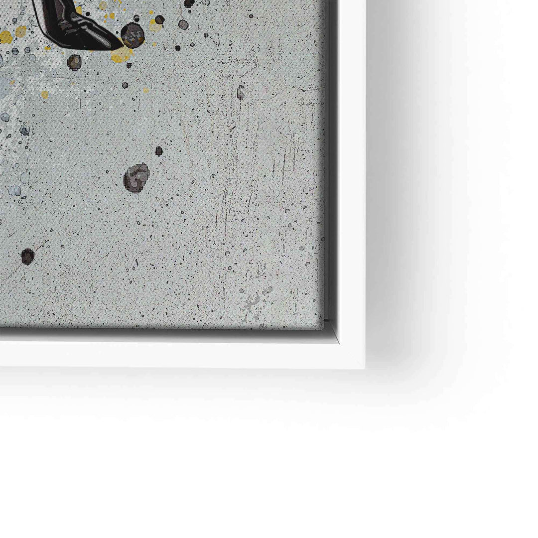 Detail eines modernen Wandbilds mit abstraktem Uhrendesign und grauer, gesprenkelter Textur