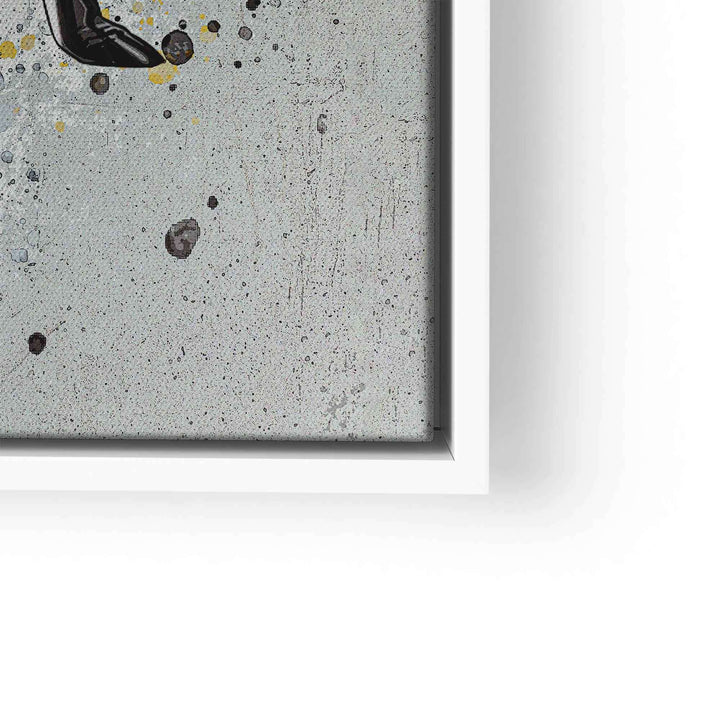 Detail eines modernen Wandbilds mit abstraktem Uhrendesign und grauer, gesprenkelter Textur