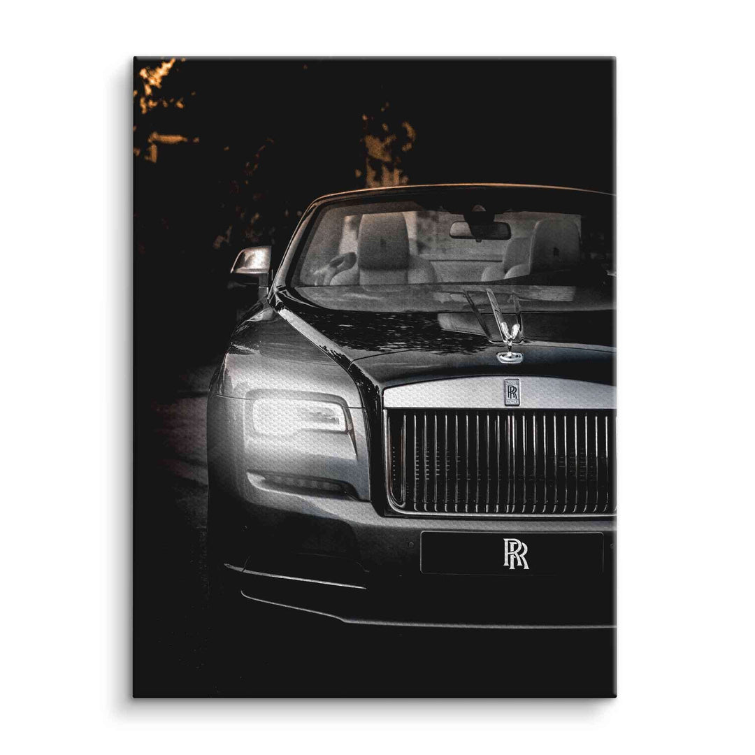 Modernes Wandbild mit luxuriösem schwarzen Rolls-Royce Auto auf Leinwand, Nahaufnahme.